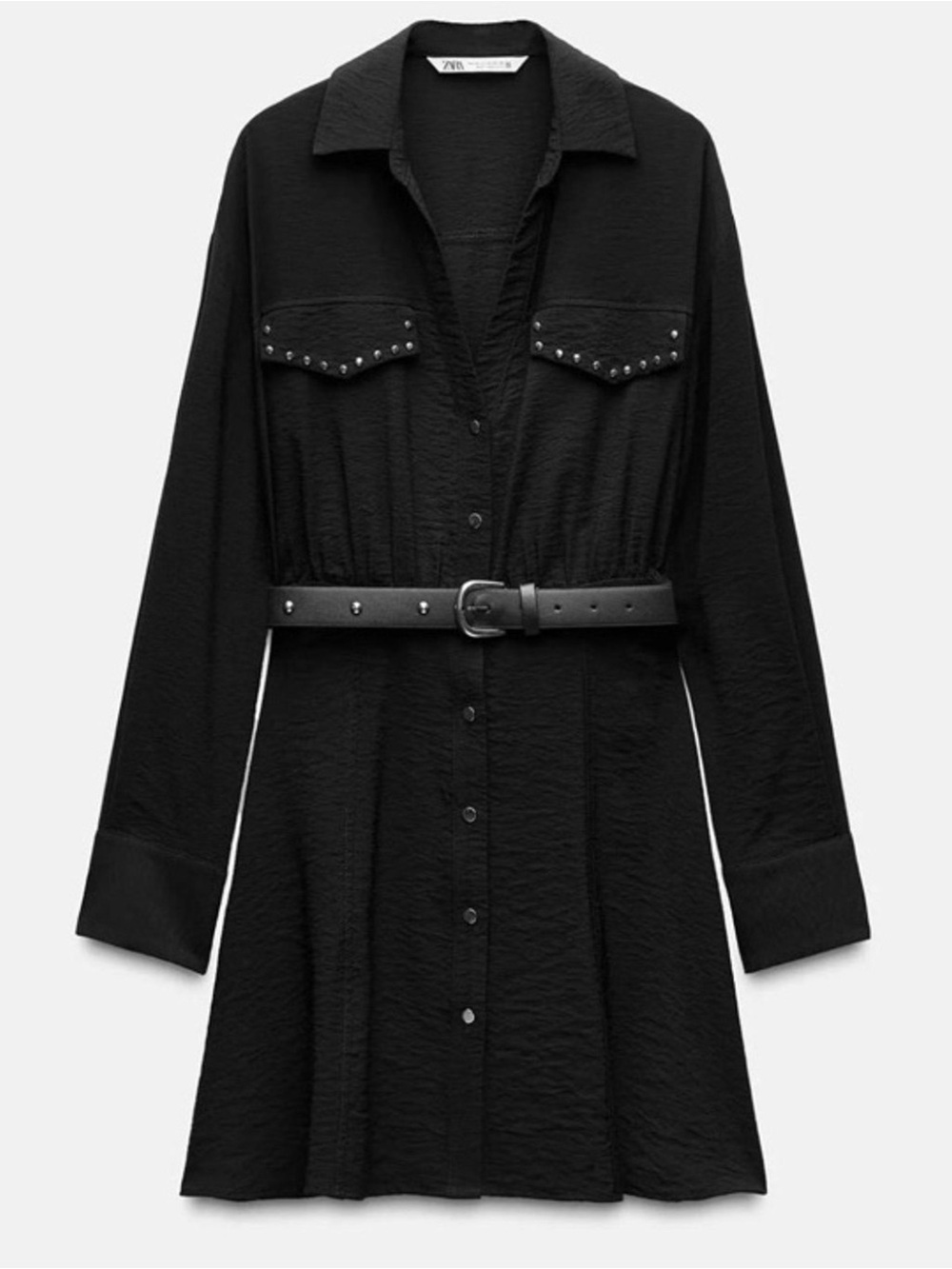 NWT Zara Black A-Line Shirt Dress with Belt & Silver Stud Trim